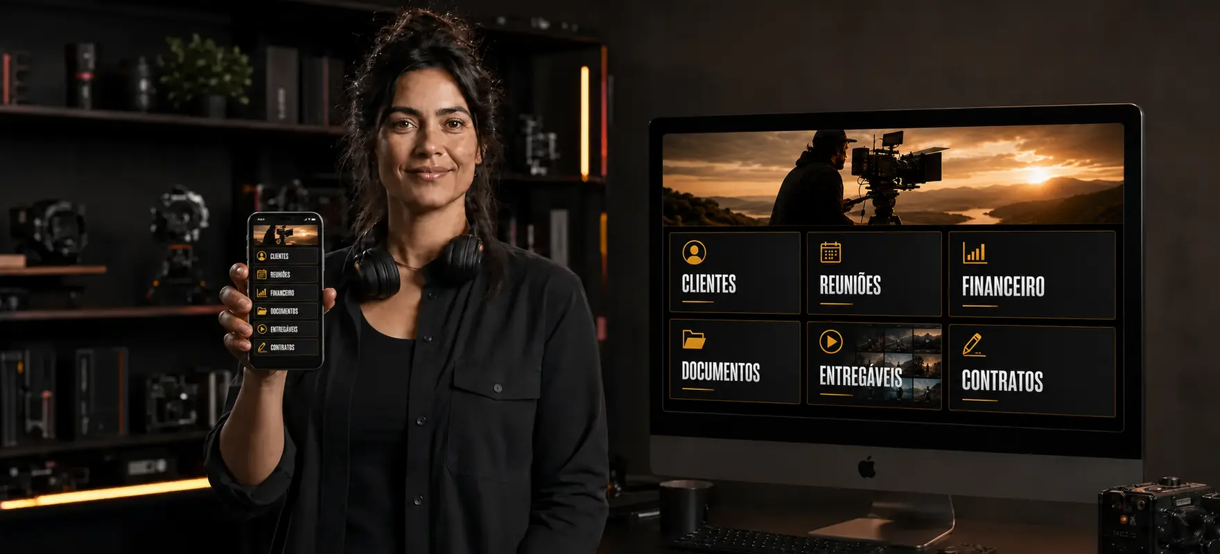 Filmmaker exibindo no celular e no computador o sistema atual com banner e seis módulos