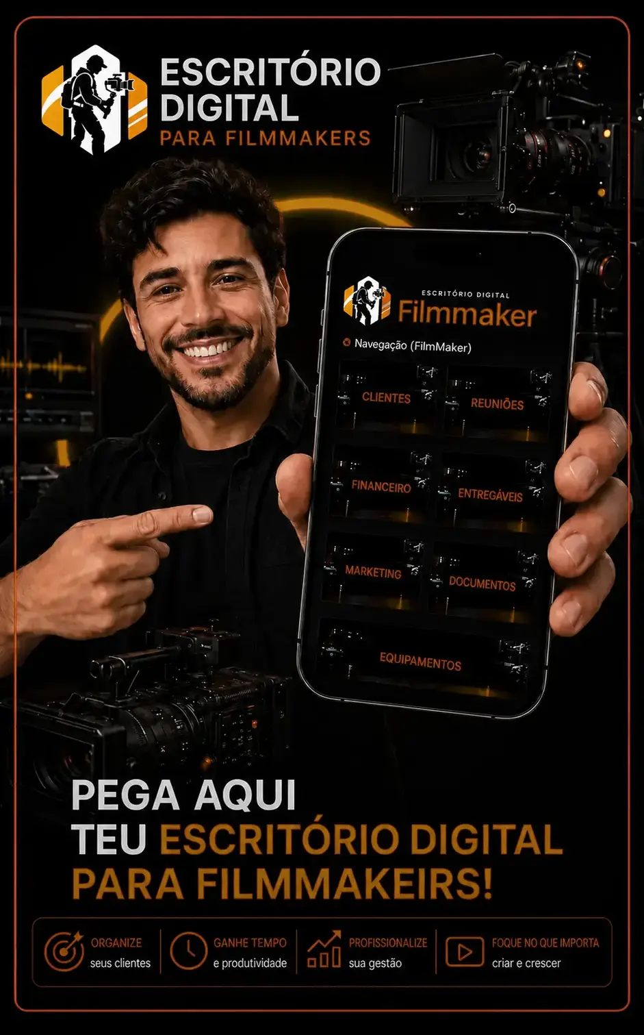 Filmmaker apresentando o Escritório Digital para Filmmakers no iPhone