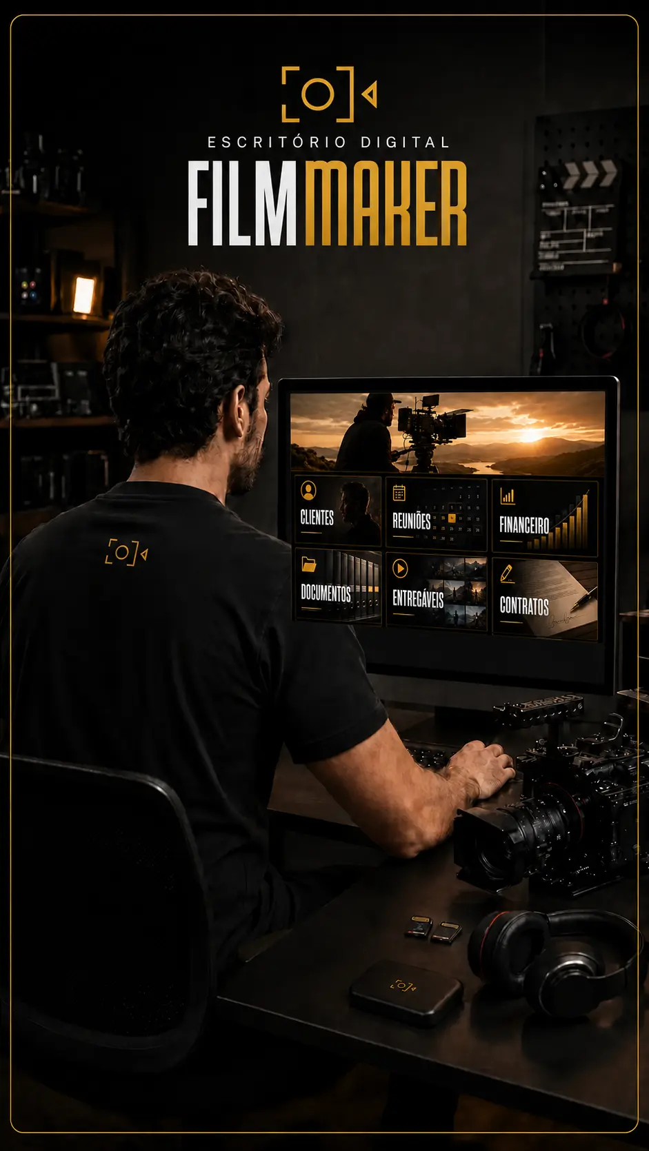 Filmmaker usando o Escritório Digital com banner cinematográfico e seis módulos no monitor