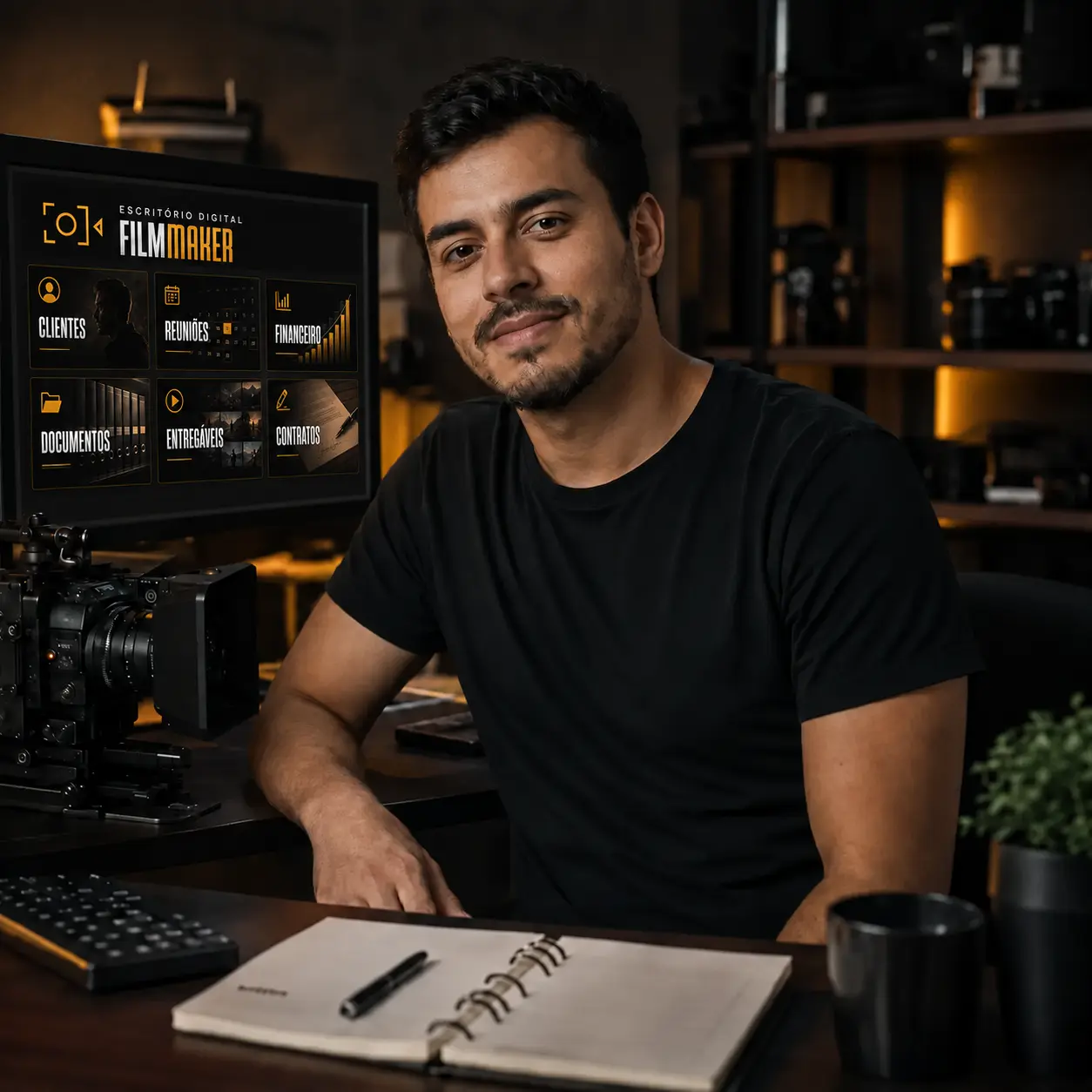 Filmmaker confiante diante do Escritório Digital Filmmaker com a identidade atual
