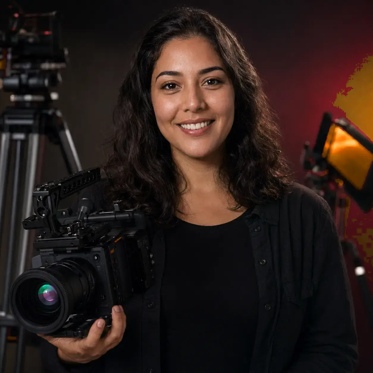 Marina Costa, filmmaker de eventos, segurando uma câmera profissional